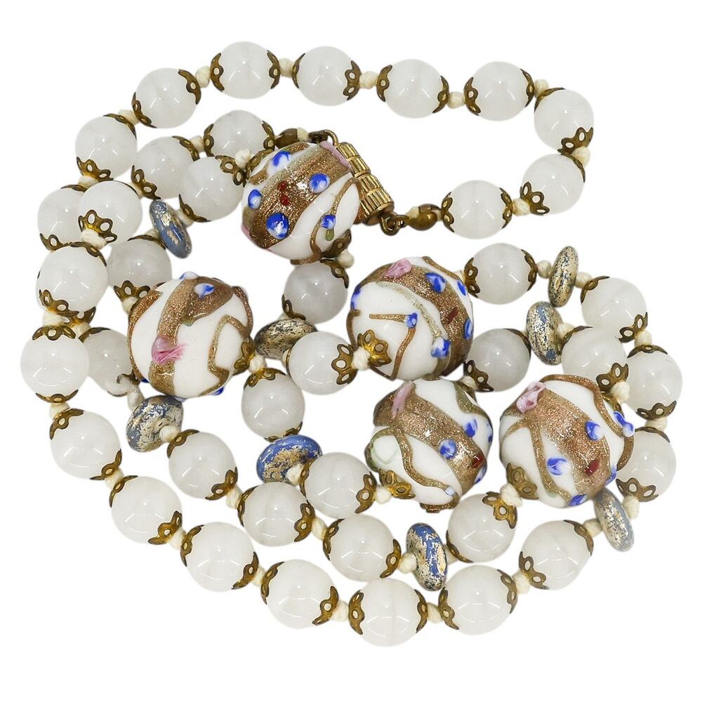 Vintage Venetian Opaline Opalescent Glass Wedding Cake Murano Bead Necklace 23”